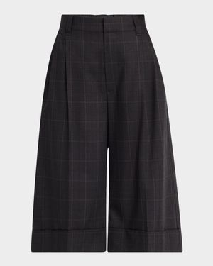 Windowpane Bermuda Pleated Wool Shorts