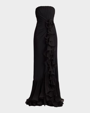 Pleated Strapless Ruffle Gown