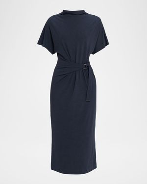 Drape Short-Sleeve Wool Jersey Midi Wrap Dress