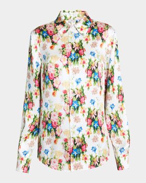 Floral-Print Button-Down Silk Blouse