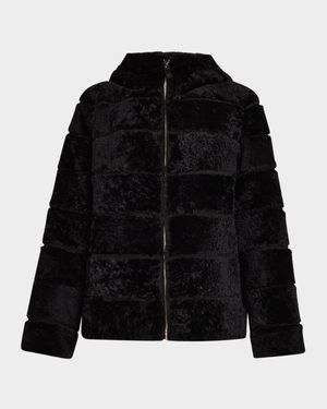 Horizontal Curly Lamb Shearling Zip Jacket With Hood