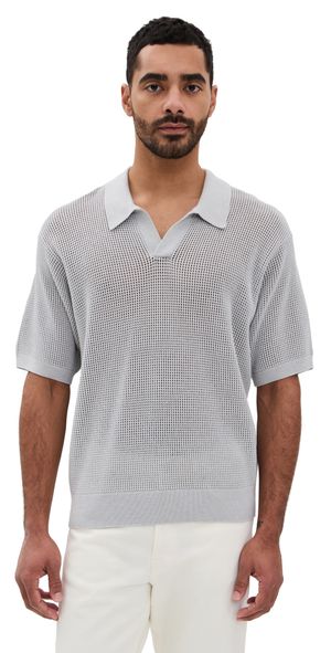 FRAME Open Weave Polo Sweater Grey Blue M