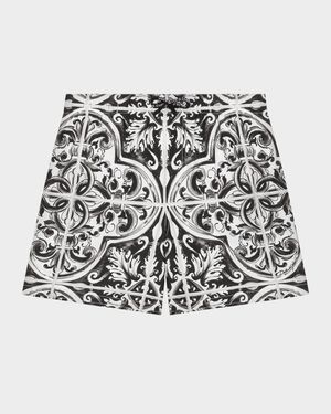 Boy's Majolica-Print Swim Trunks, Size 4-6