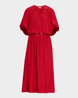 Crinkled Satin Ruched Sleeve Gown