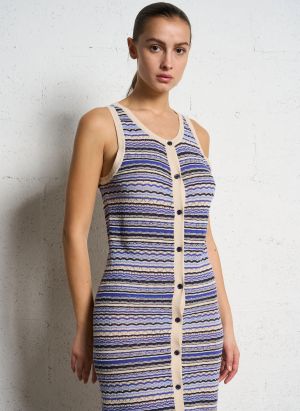 Suncoo - Robe longue Col V rayée en lin et en coton mélangé - Taille 3 - Bleu