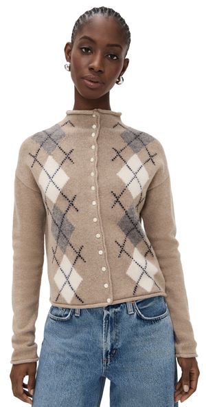 Alex Mill Taylor Cardigan In Wool Cotton Argyle Oatmeal S