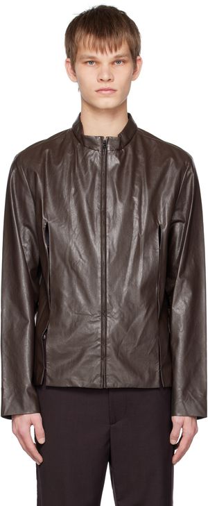 OPEN YY Blouson brun en cuir synthétique à fentes exclusif à SSENSE