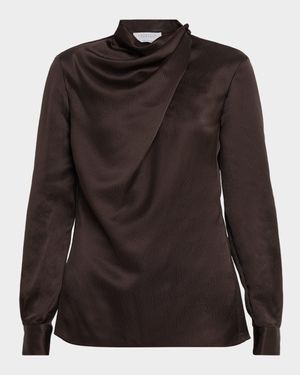 Marcela Cowl-Neck Textured Silk Long-Sleeve Top