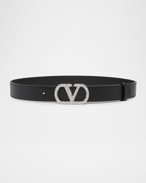 VLogo Signature Crystal-Embellished Leather Belt, 30mm