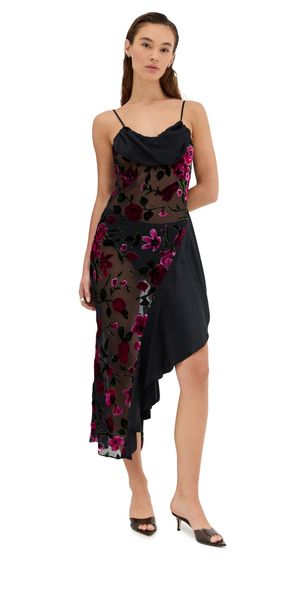 Rodarte Floral Devor Slip Dress with Satin Detail Black And Pink 8