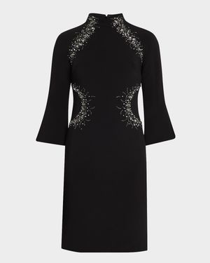 Beaded Flare-Sleeve Crepe Dress