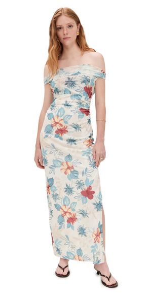 WAYF Marina Ruched Midi Dress Blue Hibiscus L