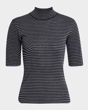 Shimmering Striped Rib Cashmere Mock-Neck Sweater