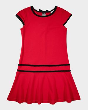 Girl's Velvet-Trim Crepe Knit Dress, Size 7-14