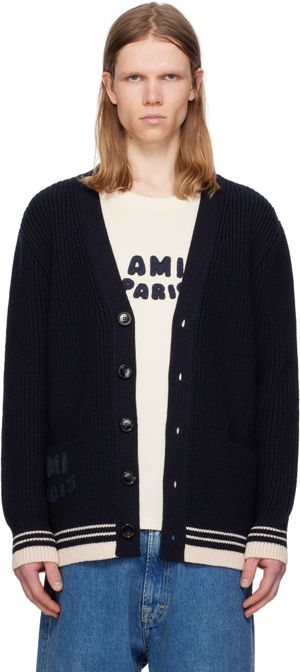 AMI Paris Navy Wool Ribbed Cardigan