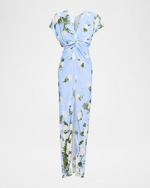 Jackie Floral-Print Short-Sleeve Twisted Gown