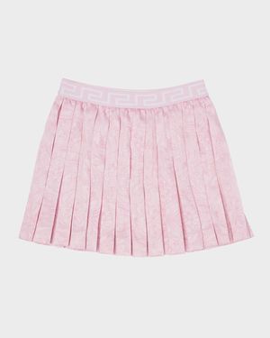 Girl's Barocco-Print Pleated Twill Mini Skirt, Size 4-6