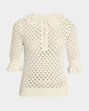Lace-Collar Open Knit Polo Top