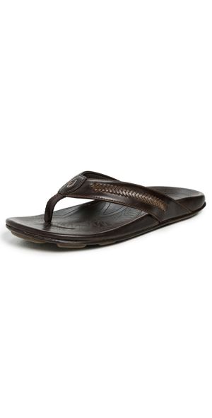 OluKai Mea Ola Mano Leather Sandals Dark Java/Mustang 10