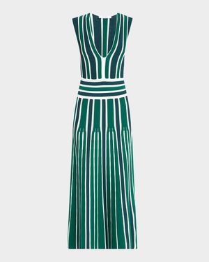 Tallone Plunging Stripe Pleated Knit Midi Dress