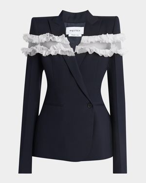 Ruffle Inset Single-Breasted Blazer