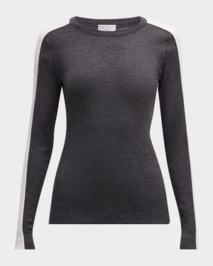 Contrast-Band Rib Jersey Retro Crewneck Sweater
