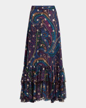 Emerald Paisley Ruffle Fil Maxi Skirt