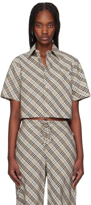 Burberry Taupe Cropped Check Cotton Shirt