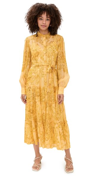 Hemant and Nandita Midi Tiered Dress with Self Tie Belt and Slip Yellow XS