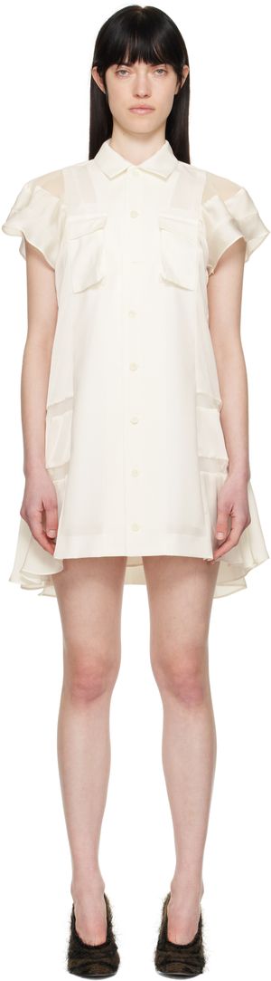 sacai Robe courte blanc cassé en tissu de costume et en satin
