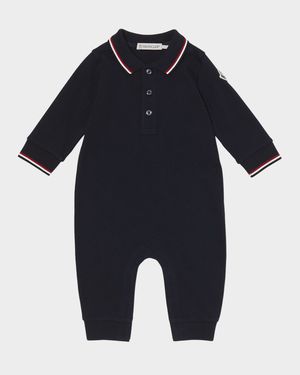 Boy's Long-Sleeve Stretch Cotton Polo Romper, Size 1M-3
