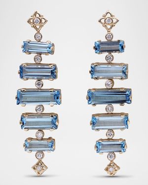 18K Yellow Gold Diamond and Baguette Swiss Blue Topaz Dangle Earrings