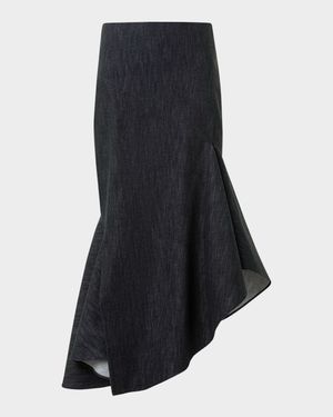 Asymmetric Flared-Hem Stretch Denim Midi Skirt