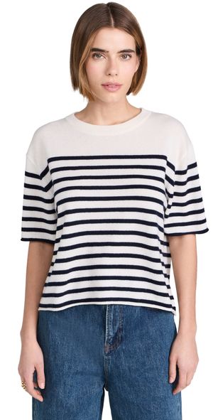 LISA YANG Cila Stripes Cashmere T-Shirt Cream/Navy Stripes 1