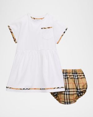 Girl's Check-Trim Cotton Dress with Bloomers, Size 1M-18M
