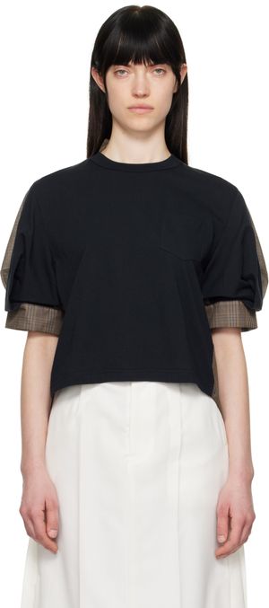 sacai Navy & Brown Spun Organza & Cotton Jersey T-shirt