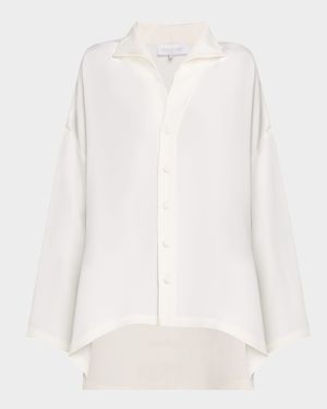 Wide A-Line Shirt with Open Standup Collar (Mid Plus Length)