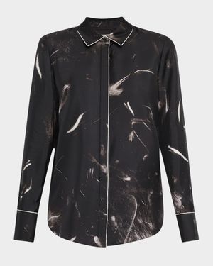 Scottie Piped Abstract-Print Silk Blouse