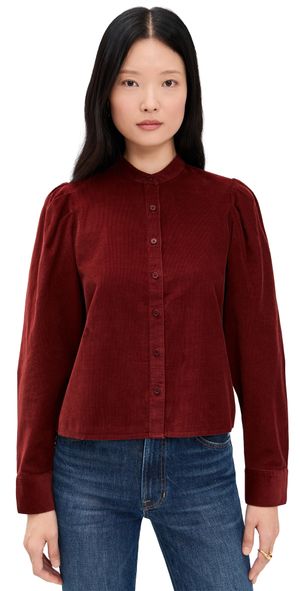 Madewell Puff-Sleeve Button-Up Shirt In Corduroy Deep Redwood XXS