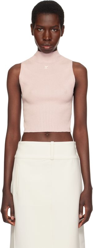 Courrèges Pink Mockneck Light Rib Cropped Tank Top