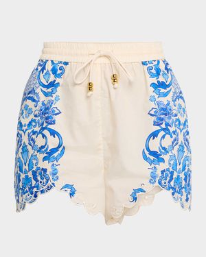 Baja Scalloped Floral-Print Cotton Shorts