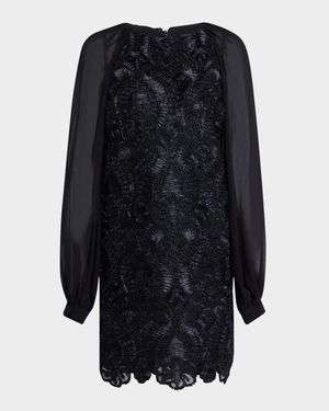 Sheer Blouson-Sleeve Ribbon Mini Dress