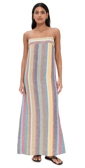 STAUD Laura Linen Dress Market Stripe L