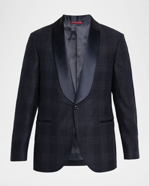 Men's Overplaid Satin Shawl-Lapel Sport Coat