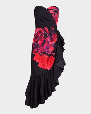 Strapless Floral-Print Asymmetric Midi Dress