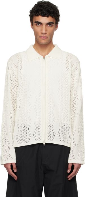 AMOMENTO White Crochet Zip-Up Cardigan
