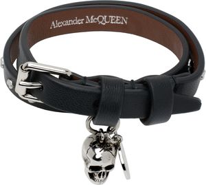 McQueen Black Hammered Studs Double-Wrap Bracelet