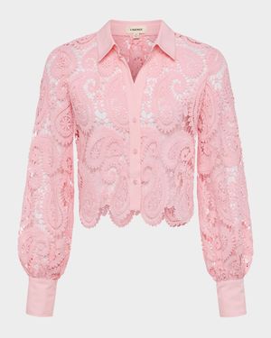 Odelia Paisley Lace Cropped Button-Front Blouse