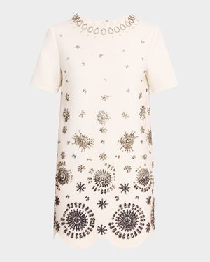 Crystal Embroidered Short-Sleeve Mini Cocktail Dress