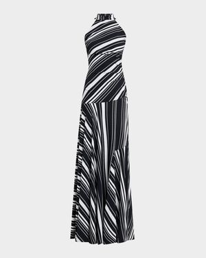 Sleeveless Striped Halter Gown